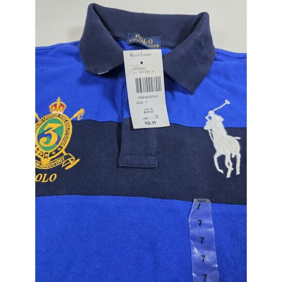 Polo Ralph Lauren Rugby Shirt Boys 7 Big Pony Crest #3 Blue Crest Striped - Picture 3 of 6